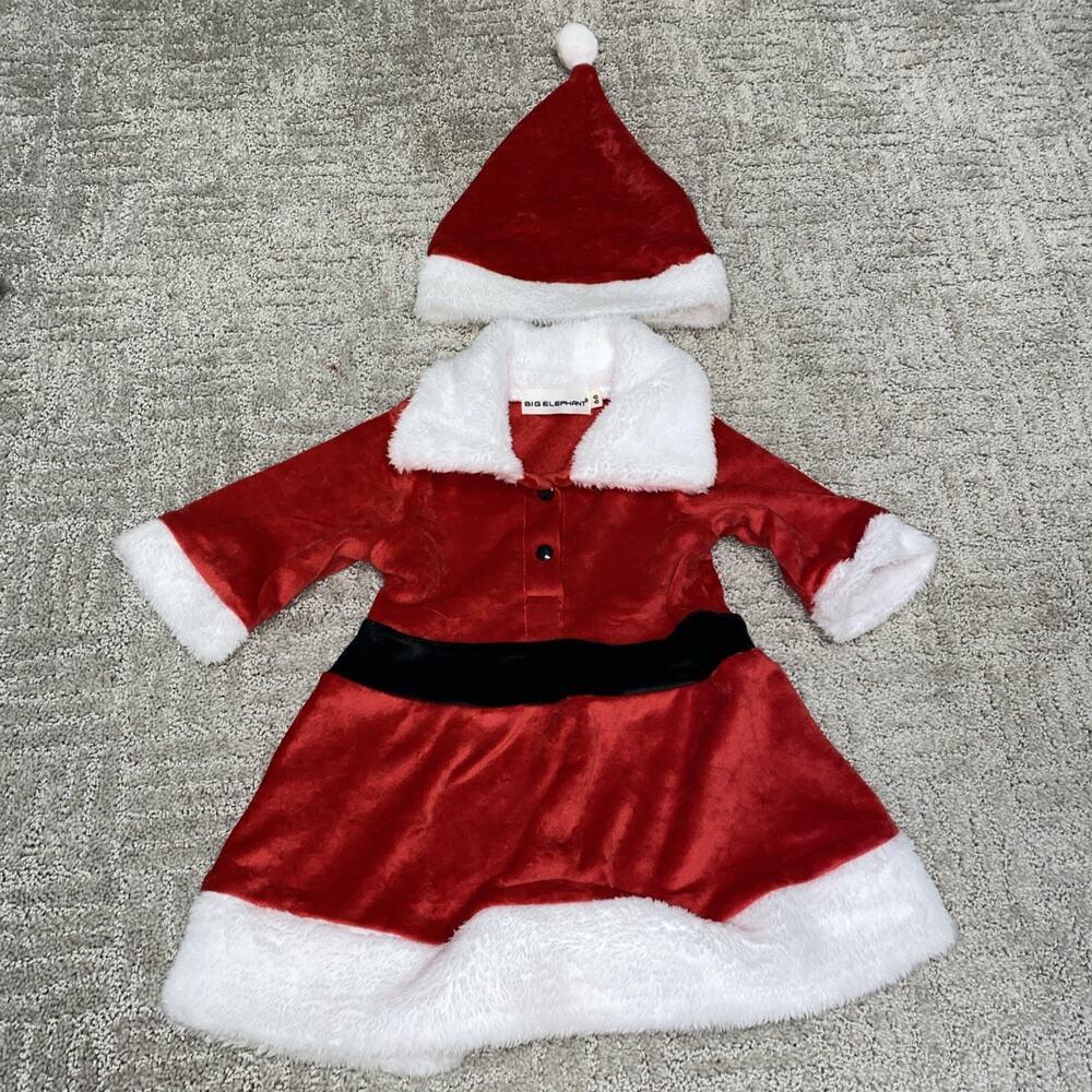 NWOT Big Elephant Girls Christmas Santa Dress & Hat Outfit, 6 - 9 Months Soft